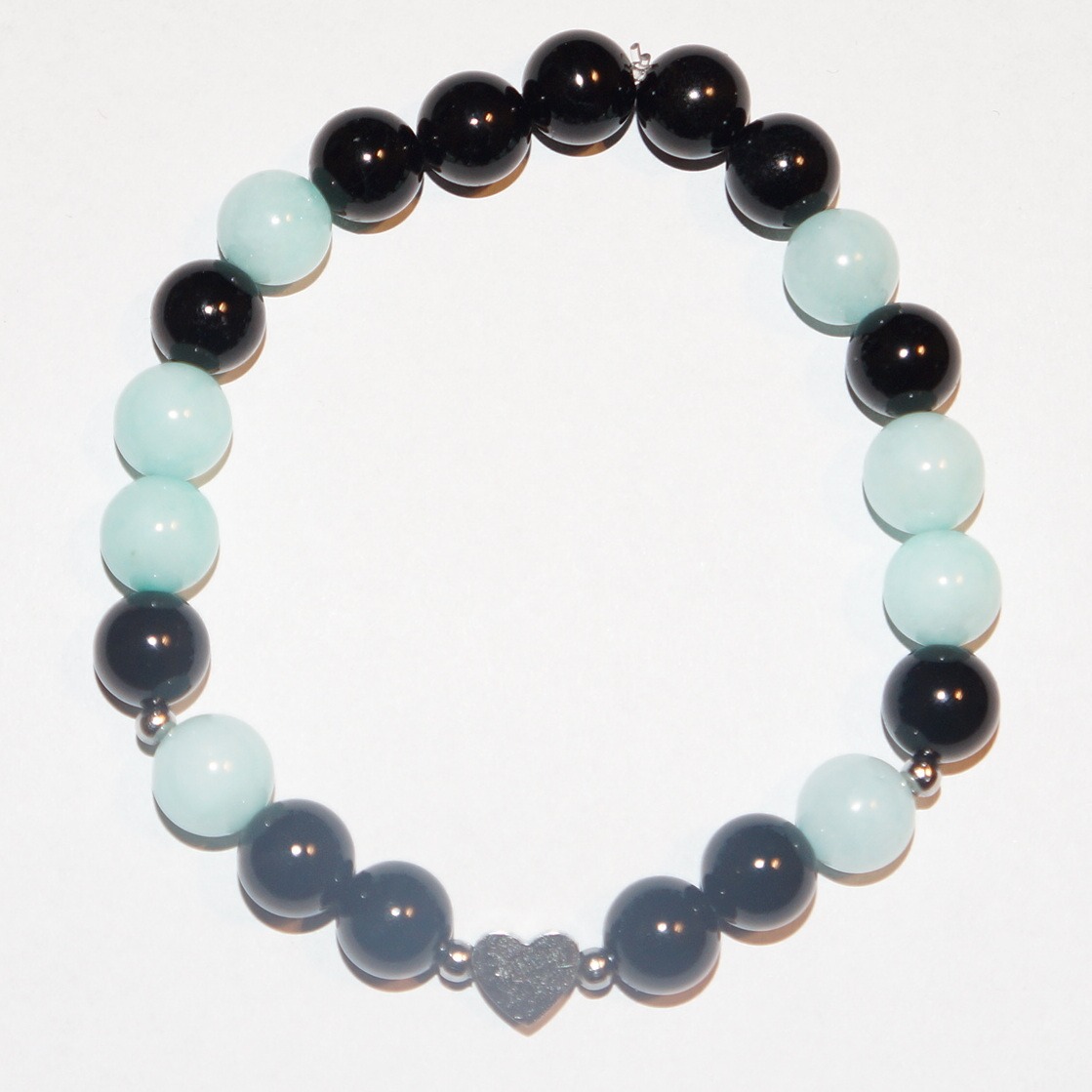 Bransoletka Jadeit naturalny turkusowy i turmalin z sercem ze stali chirurgicznej w kolorze srebra. - obrazek 2